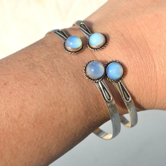 Opalite Bracelet Silver Plated 2 Cuffs Set Boho - Picture 5 of 6